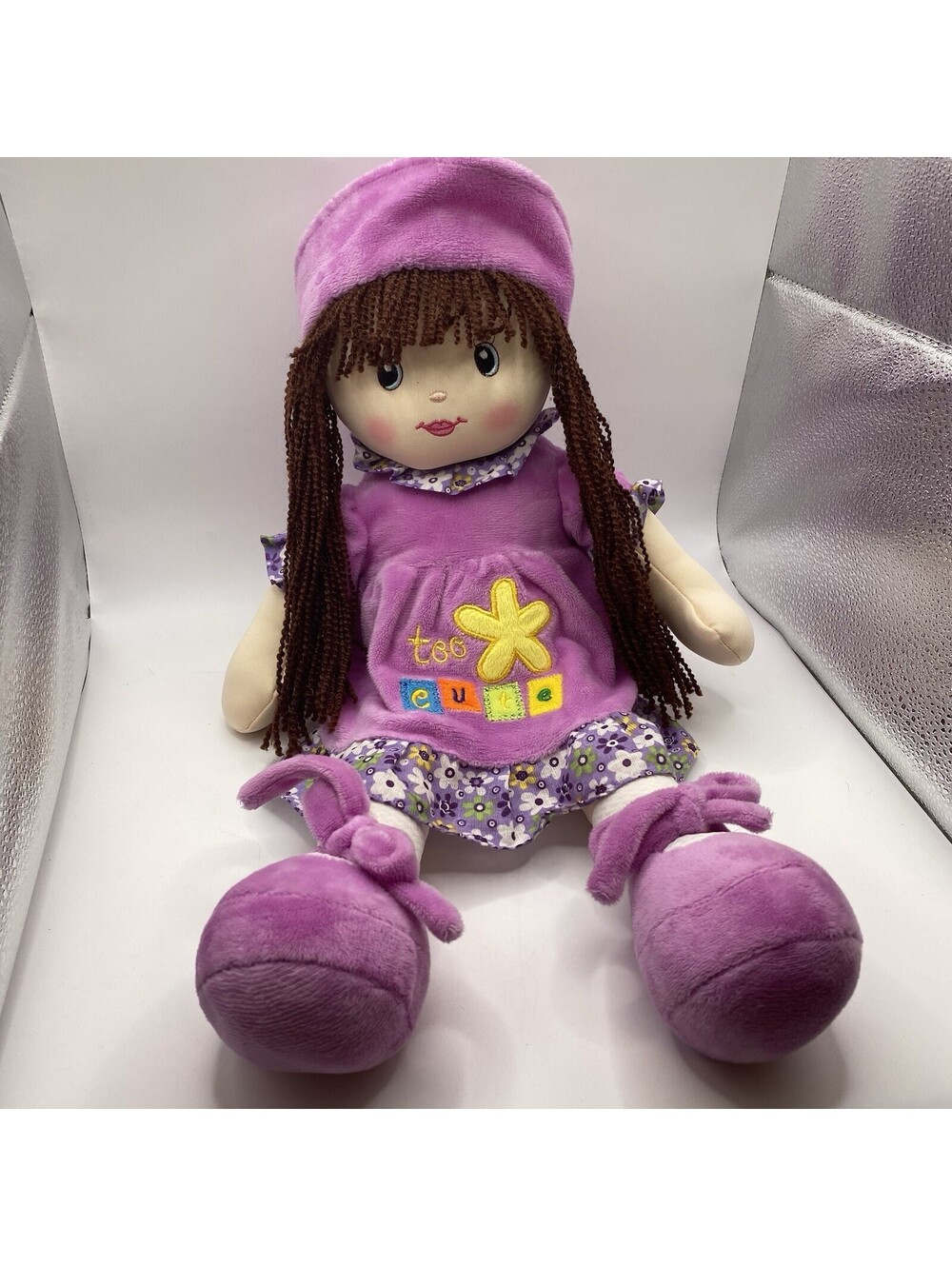 Linzy Toys Purple Rag Doll Plush Brown Hair 18 Inches